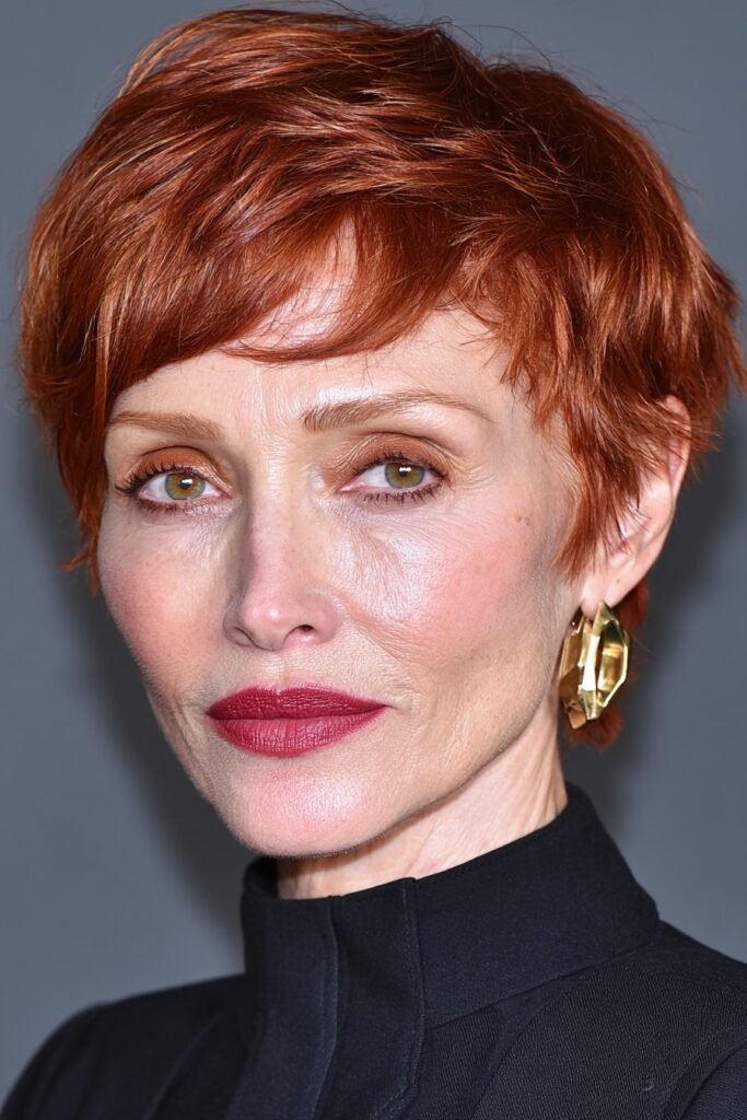Woman over 60 with a textured copper pixie cut and soft tousled layers.
