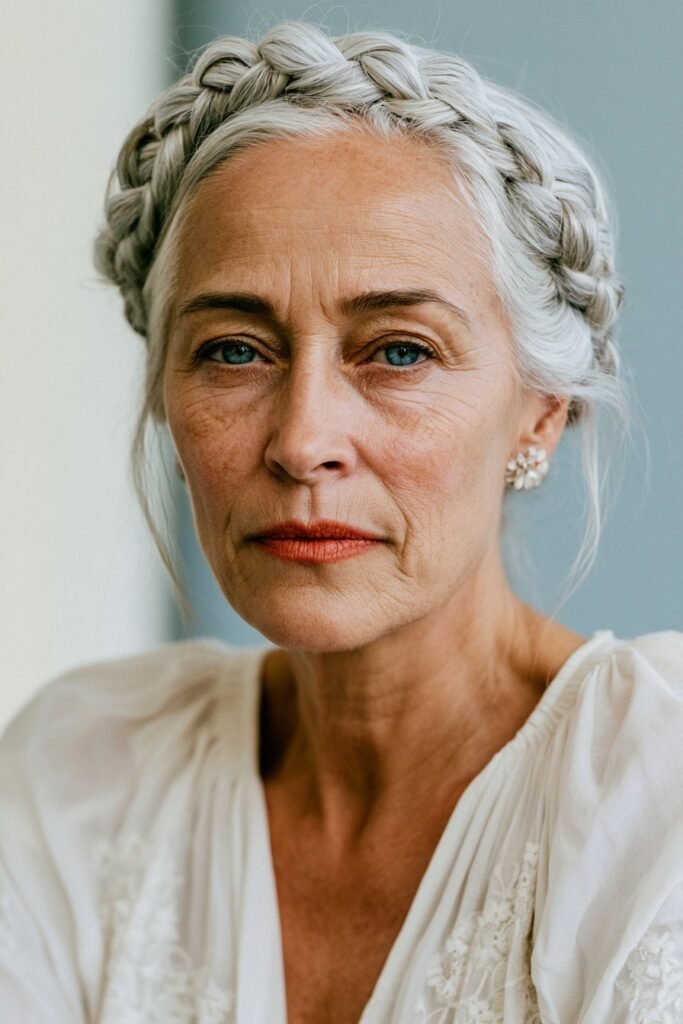 woman with braided crown silver hairstyle