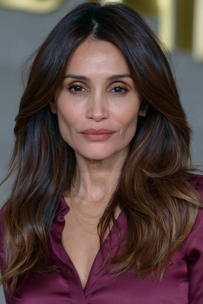 Older woman with long layered brunette hair and caramel balayage highlights.