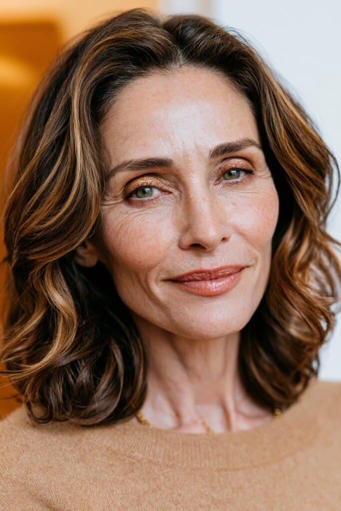 woman with face framing highlights hairstyle