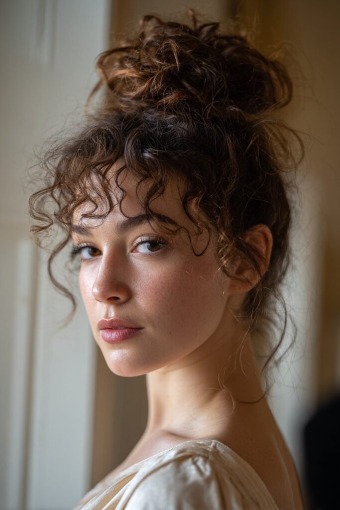 woman with high curly bun, voluminous updo
