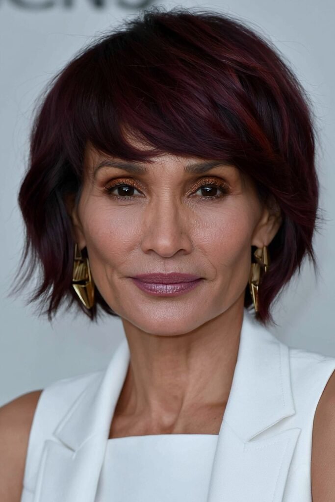 Chic older woman with a layered pixie bob in warm mahogany brown hair.