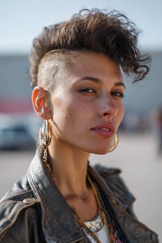 woman with mohawk inspired 80s hairstyle