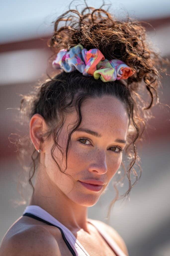 woman with scrunchie updo 80s hairstyle