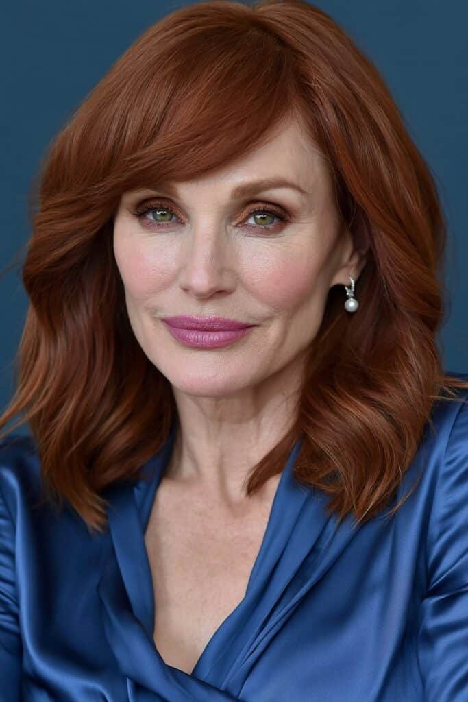 Elegant woman with a copper side-swept bangs lob and sapphire blue silk blouse in a navy studio setting.