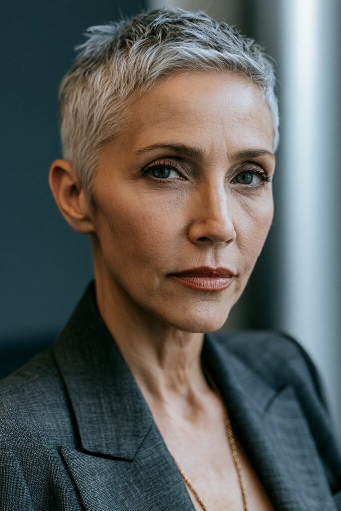 woman with silver pixie cut hairstyle