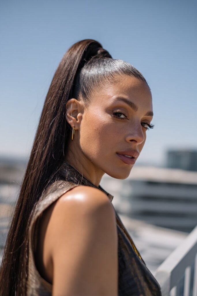 woman with sleek high ponytail hairstyle