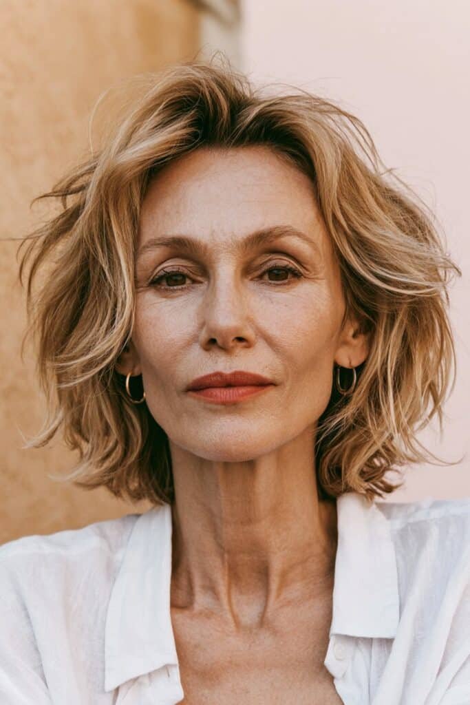 woman with textured lob wavy hairstyle