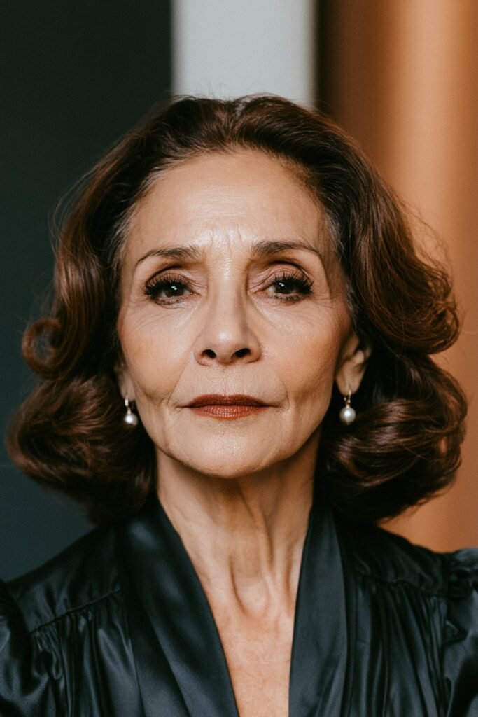 Glamorous mature woman with a voluminous caramel brown blow-out bob and dramatic black studio background.