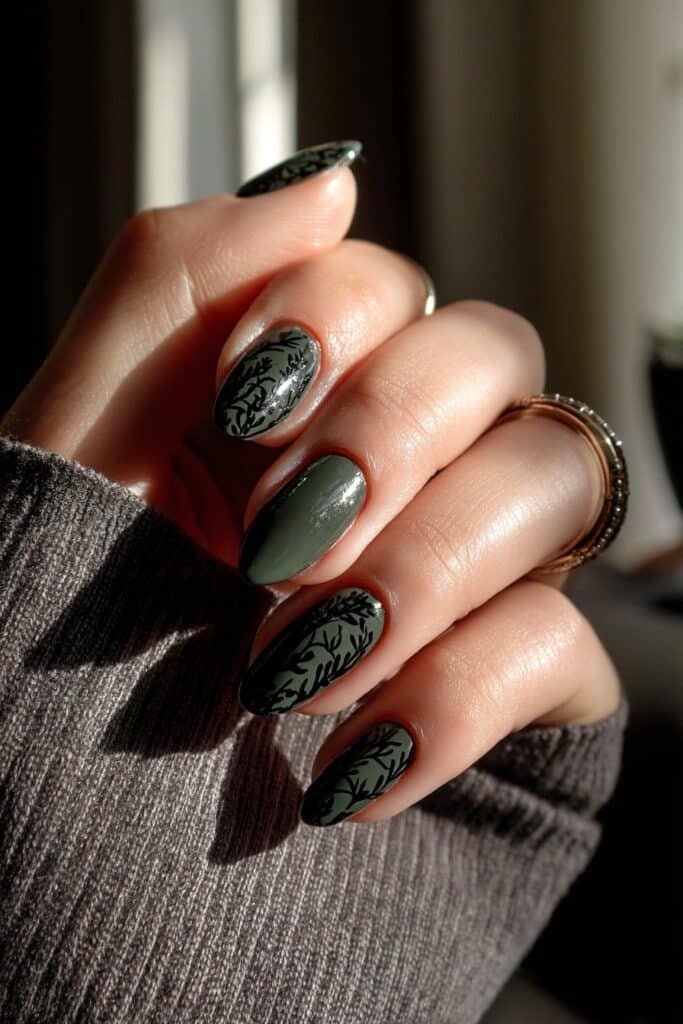 Dark nails with thorned vine patterns in green and black.