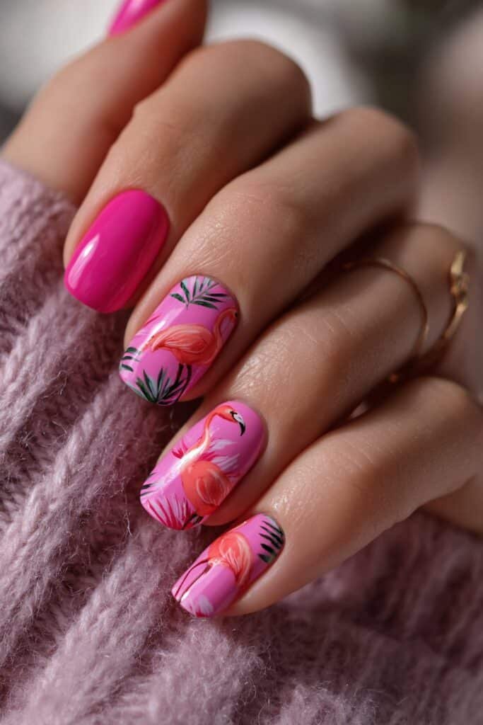 Tropical nails with flamingo art and palm leaf accents.