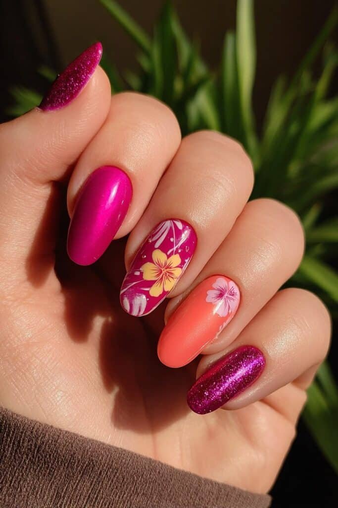 Tropical hibiscus nails with vibrant floral summer designs.
