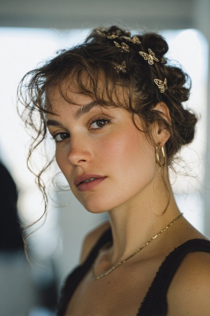 woman with twisted updo and butterfly clips in 90s hairstyle