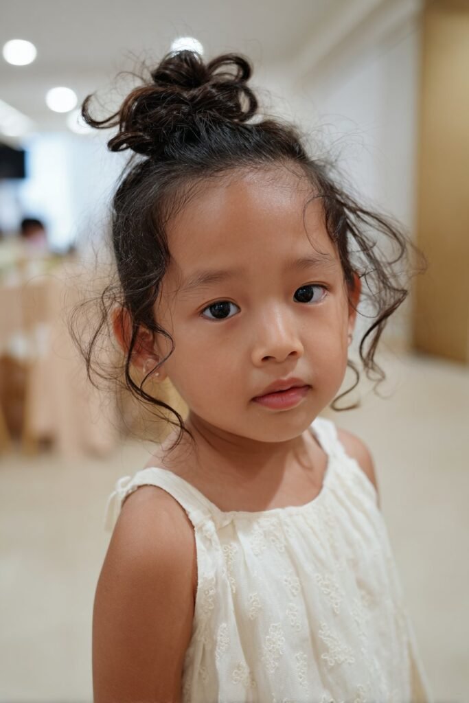 flower girl with twisted updo bun hairstyle