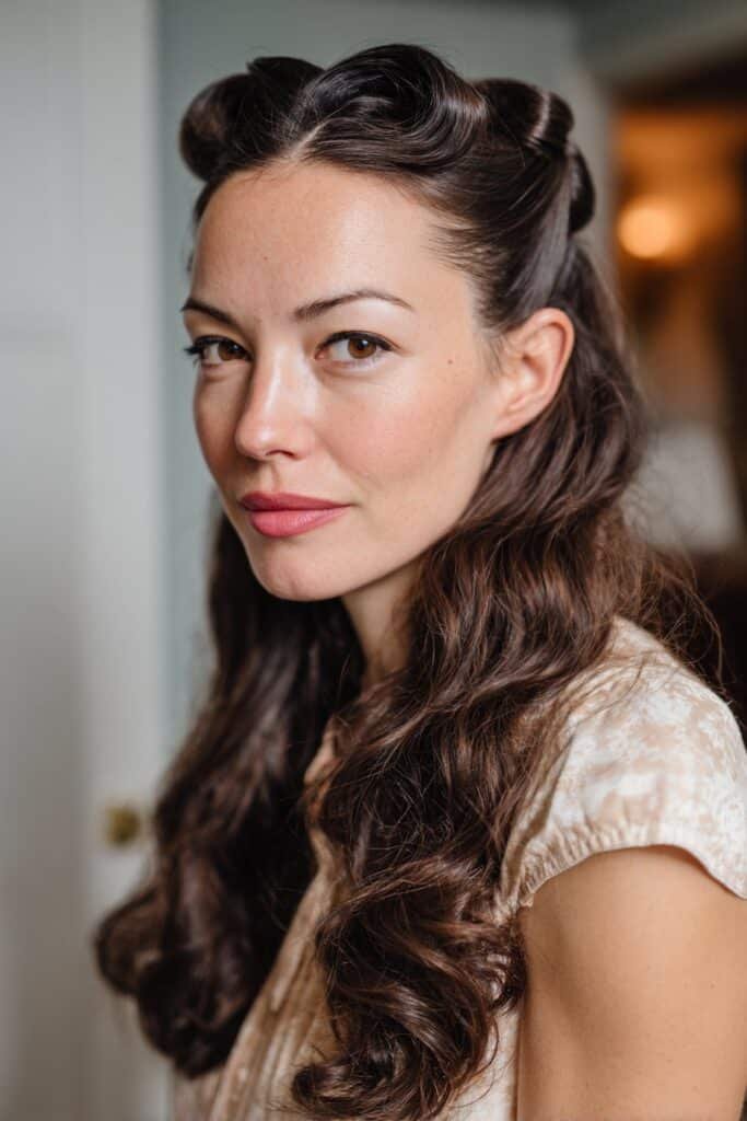 bridesmaid with vintage victory roll half up hairstyle