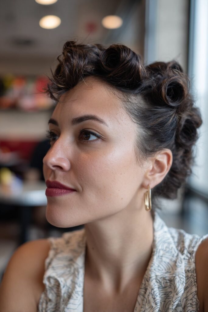 woman with vintage victory rolls hairstyle