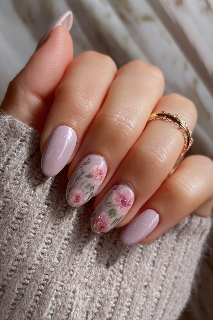 Watercolor floral nails in soft pink and lavender shades.