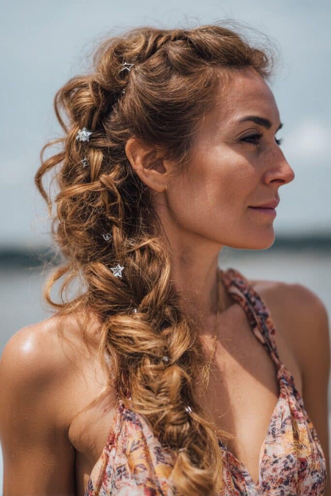 woman with waterfall braid and patriotic star clips