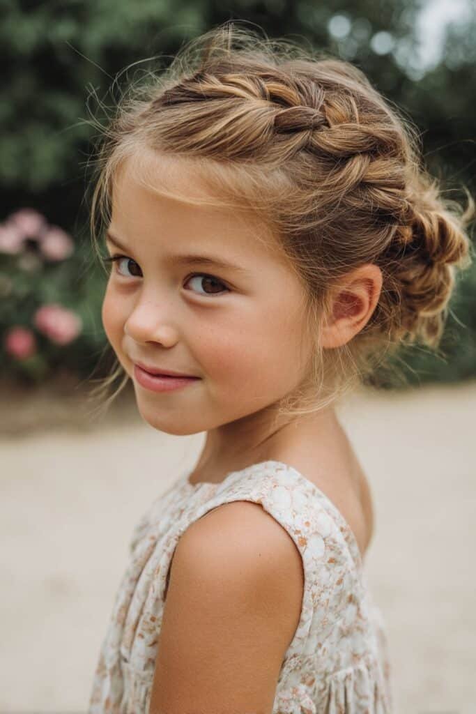flower girl with waterfall braid bun hairstyle
