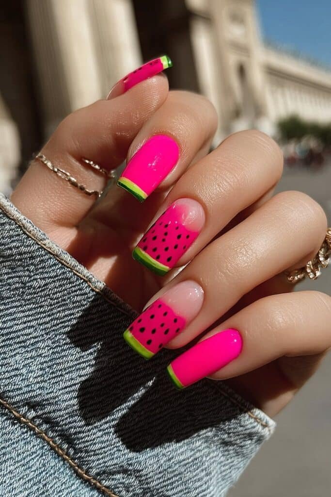 Pink and green square nails inspired by watermelon designs.