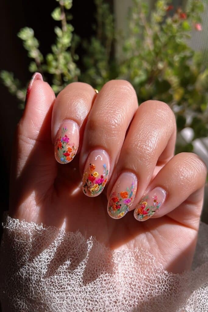 Taurus nails with colorful wildflower designs.