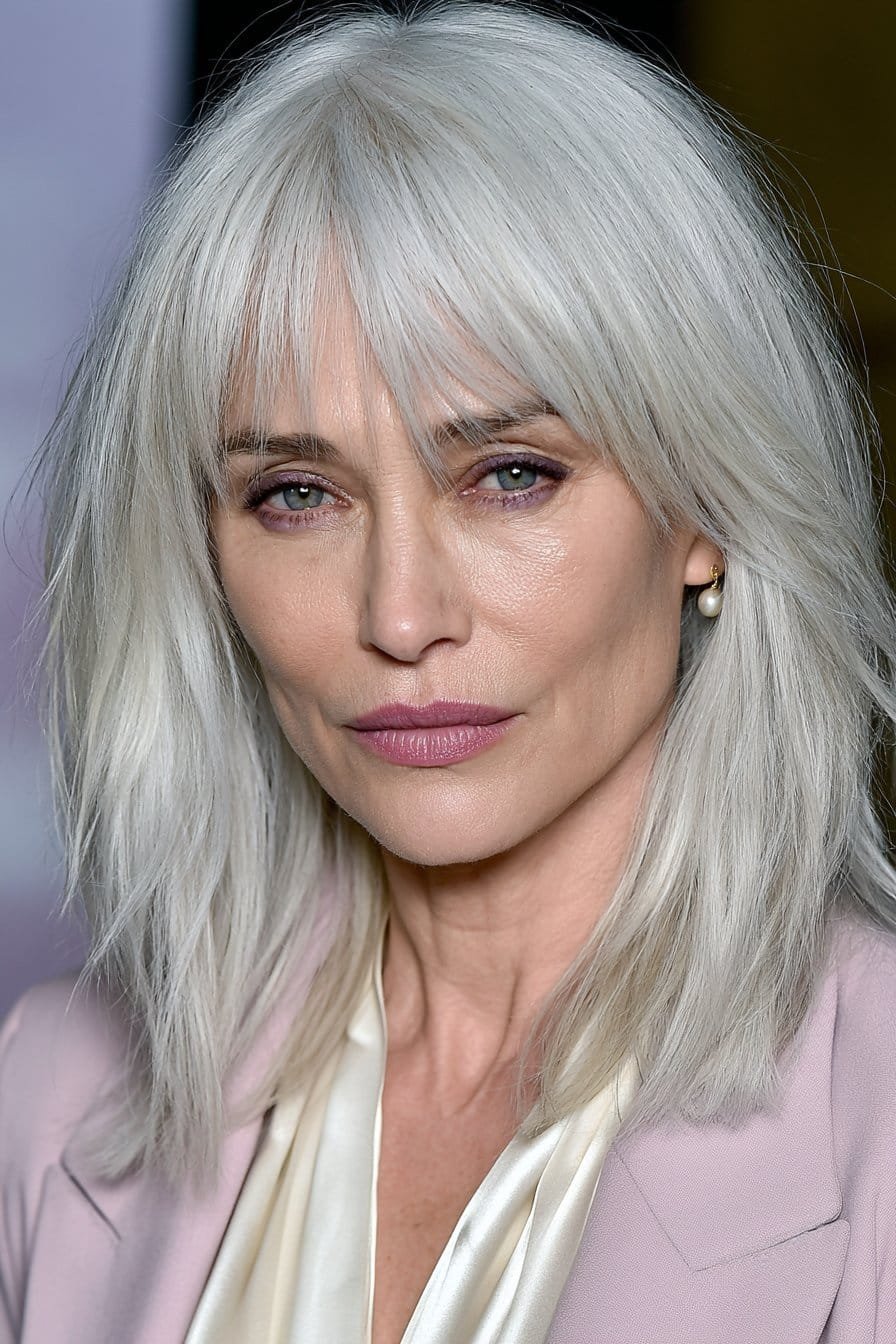 Graceful woman with wispy bangs and an ash blonde layered lob in a soft lavender studio portrait.