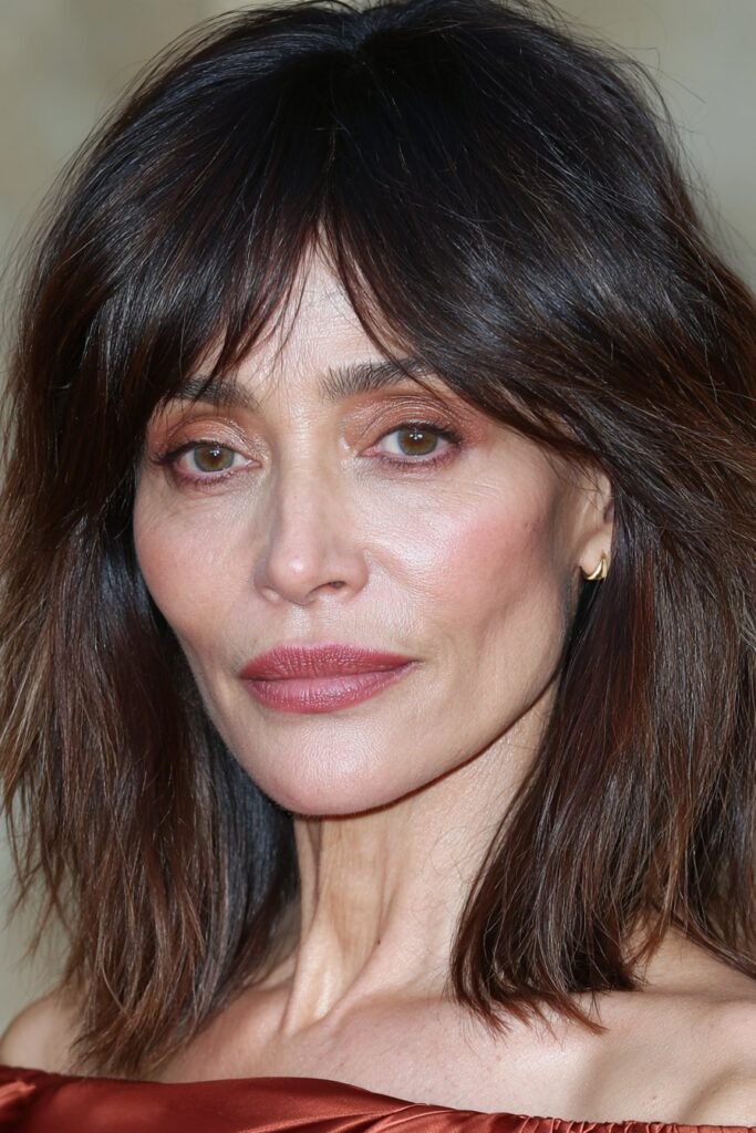 Woman over 60 with a wolf cut and layered curtain fringe hairstyle.