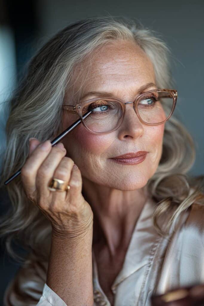 Mature woman wearing glasses applying subtle shimmer to brighten her eyes.