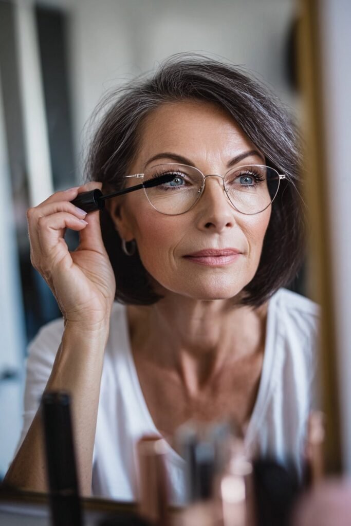 Mature woman with glasses applying separating mascara for clean, defined lashes.