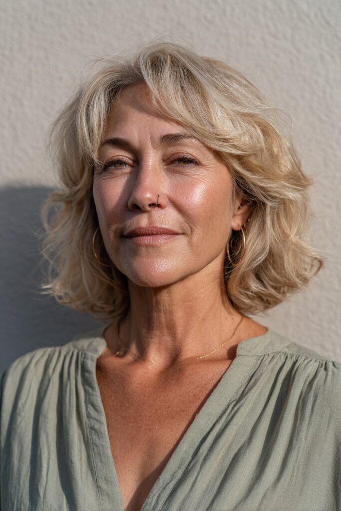 Ash blonde layered shoulder-length hairstyle for older women.