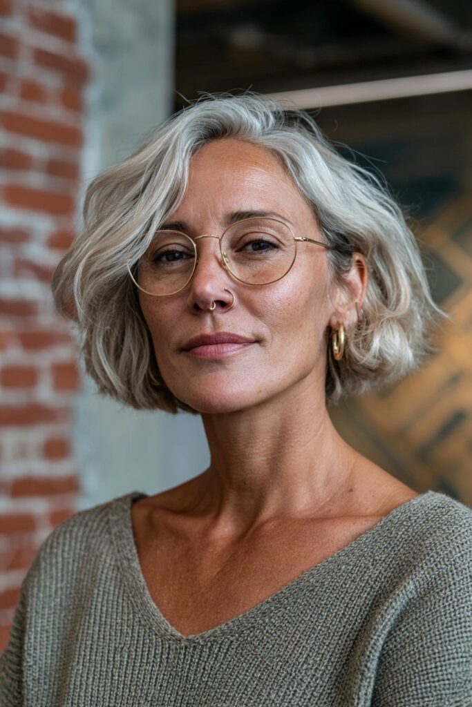 Asymmetric bob with bold angles on mature woman.