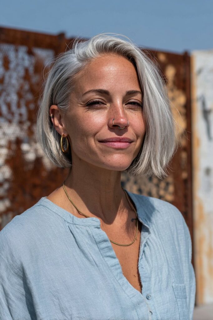 Asymmetrical blunt bob with one side longer.