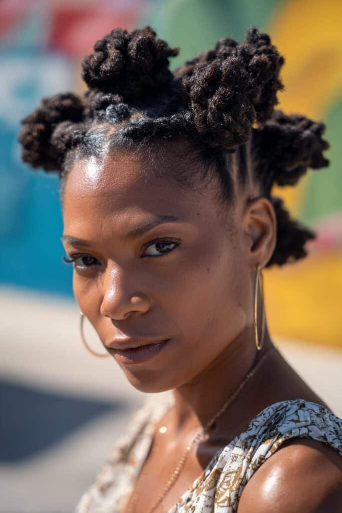 Black woman wearing bantu knots styled from kinky curly natural hair.