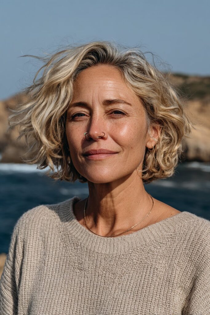 Beachy blonde bob hairstyle for women over 50.