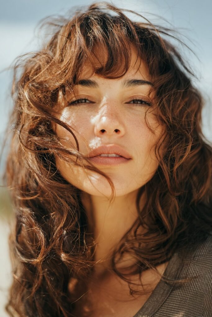 Woman with shoulder-length beach waves styled with soft curtain bangs.