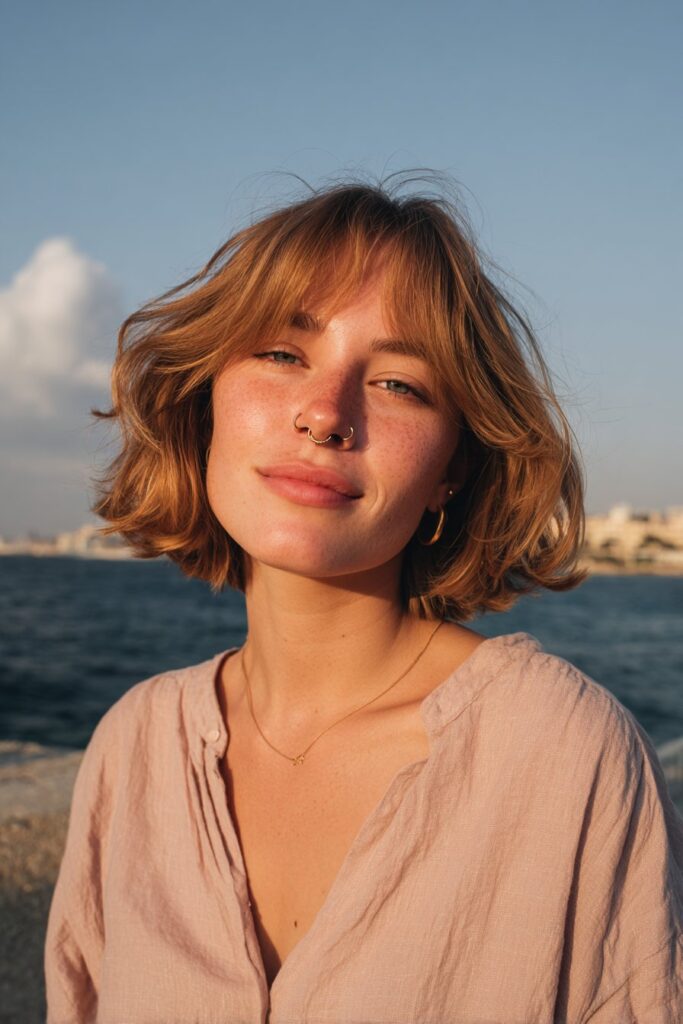 Blunt bob with curtain bangs framing the face.