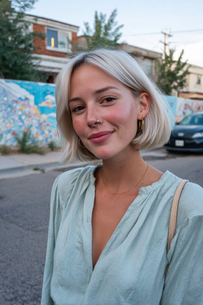 Blunt bob with dramatic deep side part.
