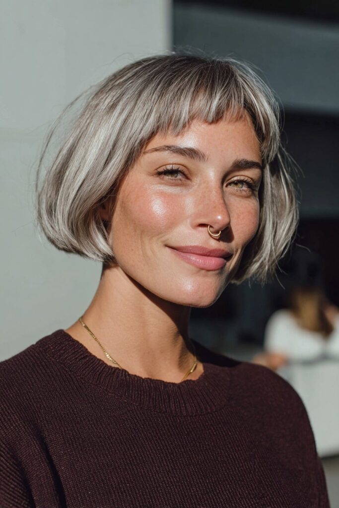 Blunt bowl cut with rounded silver gray shape.