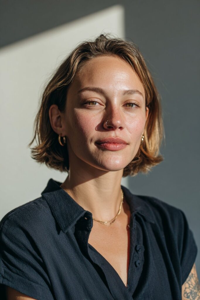 Blunt cut with caramel face-framing highlights.