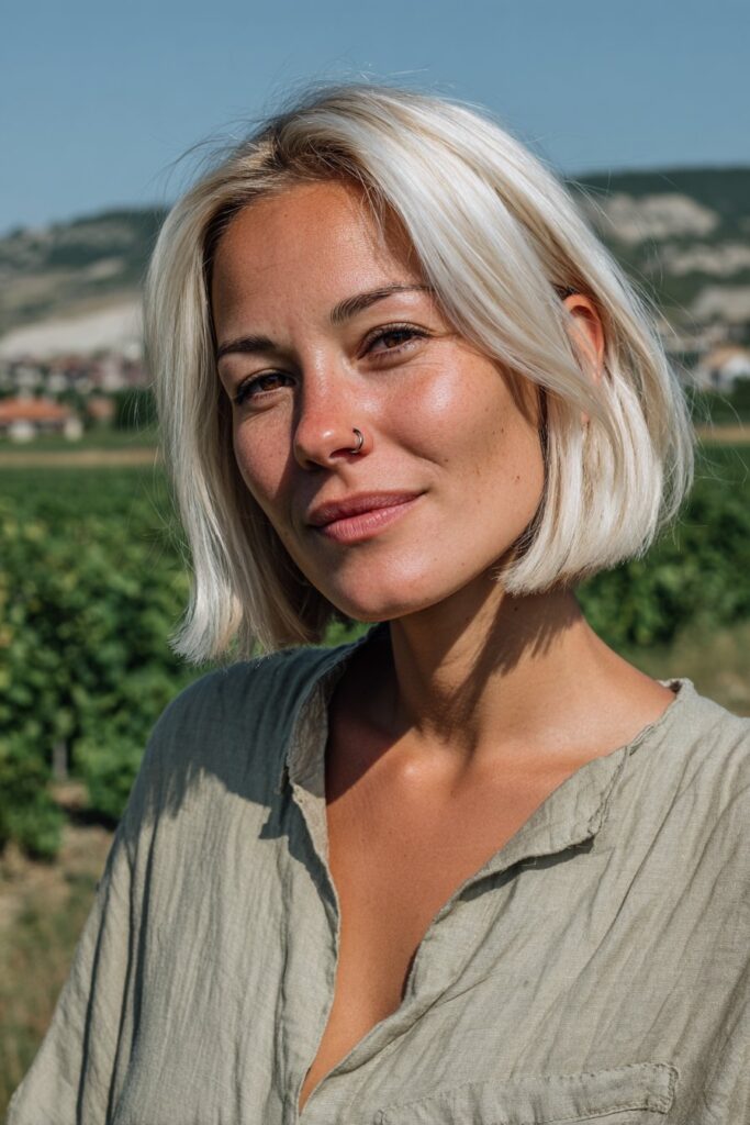 Blunt micro bob with sleek platinum blonde hair.