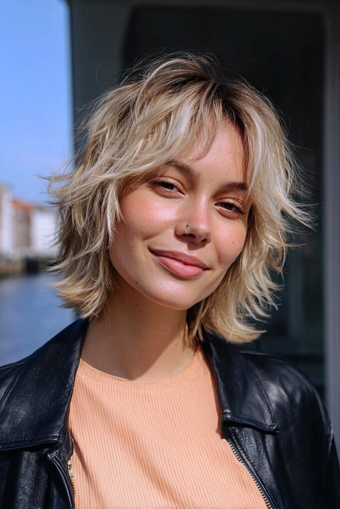 Blunt shag cut for fine hair with texture.