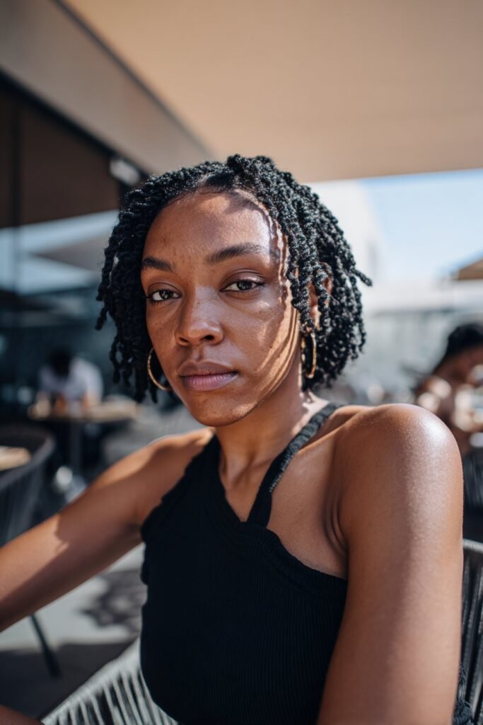 Black woman wearing bob-length kinky twists with neatly parted sections.