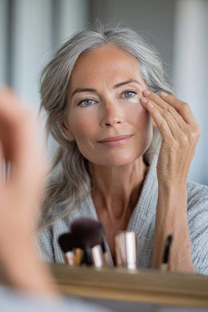 Mature woman applying under-eye concealer with a hand to brighten dark circles.