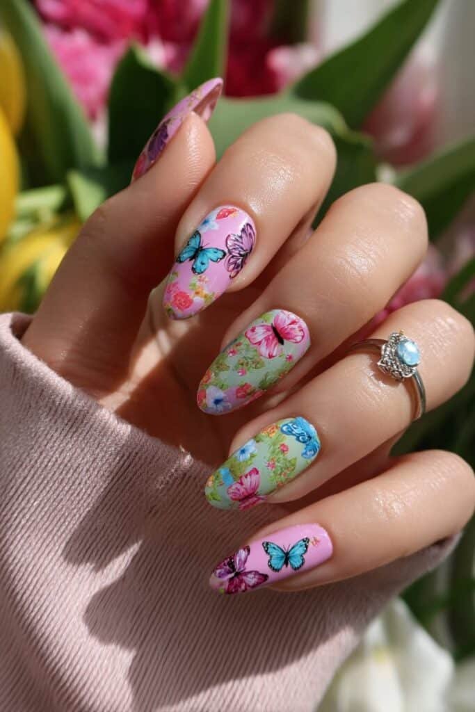 Pastel nails with colorful butterflies and garden flowers.