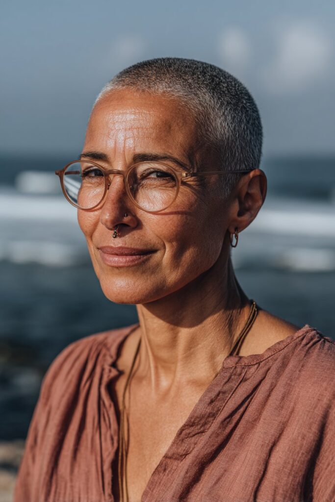 Feminine buzz cut hairstyle for women over 50.