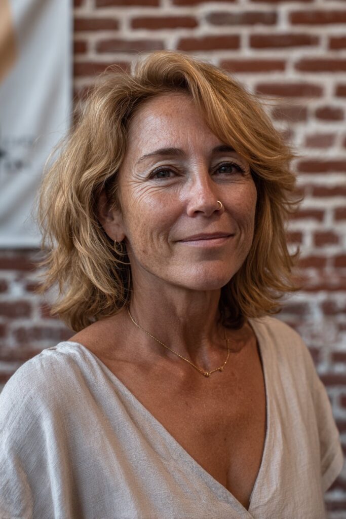 Champagne blonde shag hairstyle for women over 50.