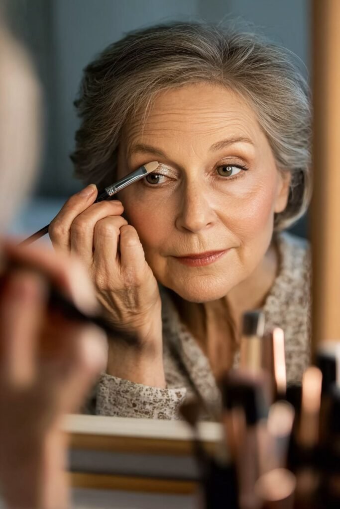 Mature woman applying champagne highlighter beneath the brow bone.