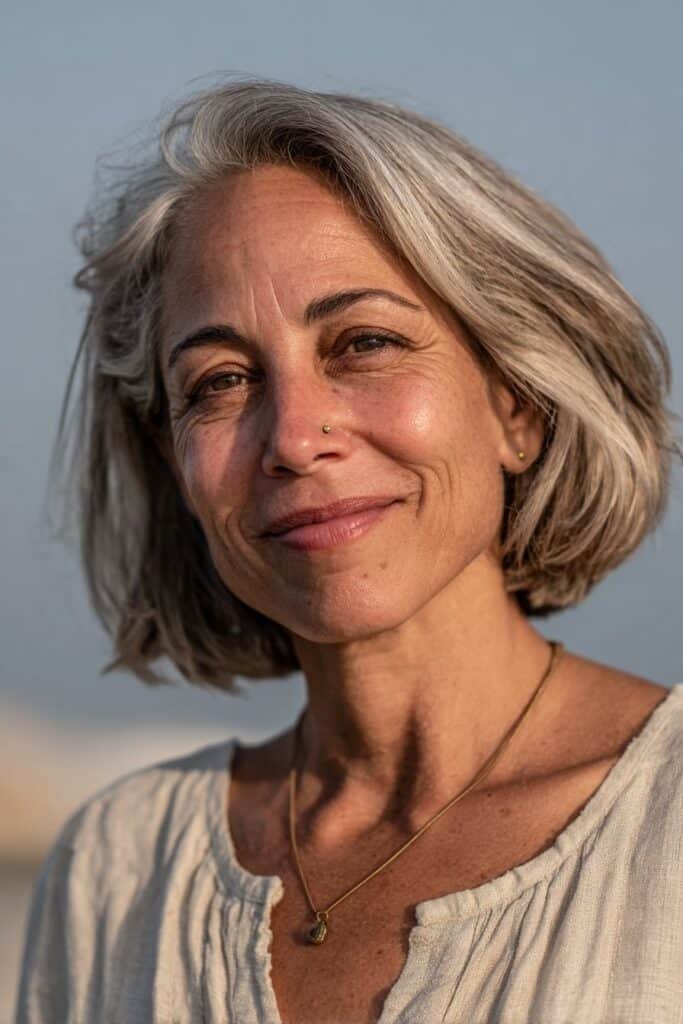 Chin-length angled bob for women over 50.