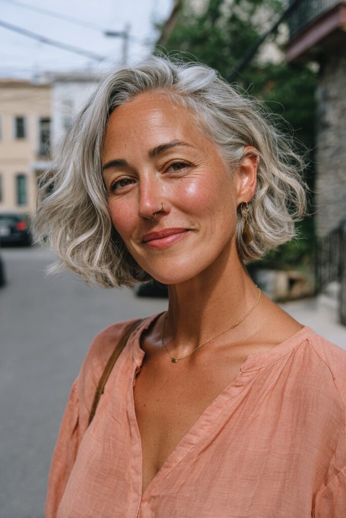 Choppy asymmetrical bob hairstyle for older women.