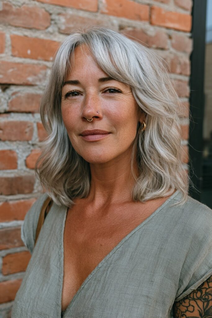 Choppy bangs with long layered hairstyle.